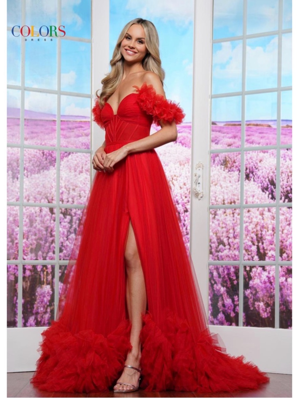 Colors Dress 3485 Red Tulle Floral Strap Prom Pageant Gown Size 6 NWT